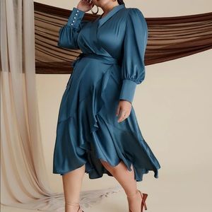 Eloquii Turquoise satin Bishop sleeve wrap dress size 26W NWT